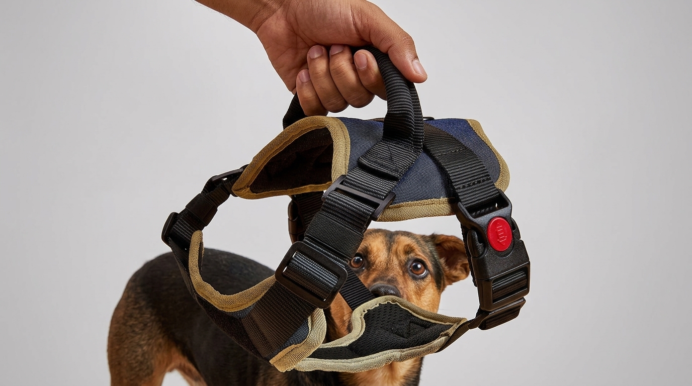 Hand gripping PawFit top handle for instant dog control