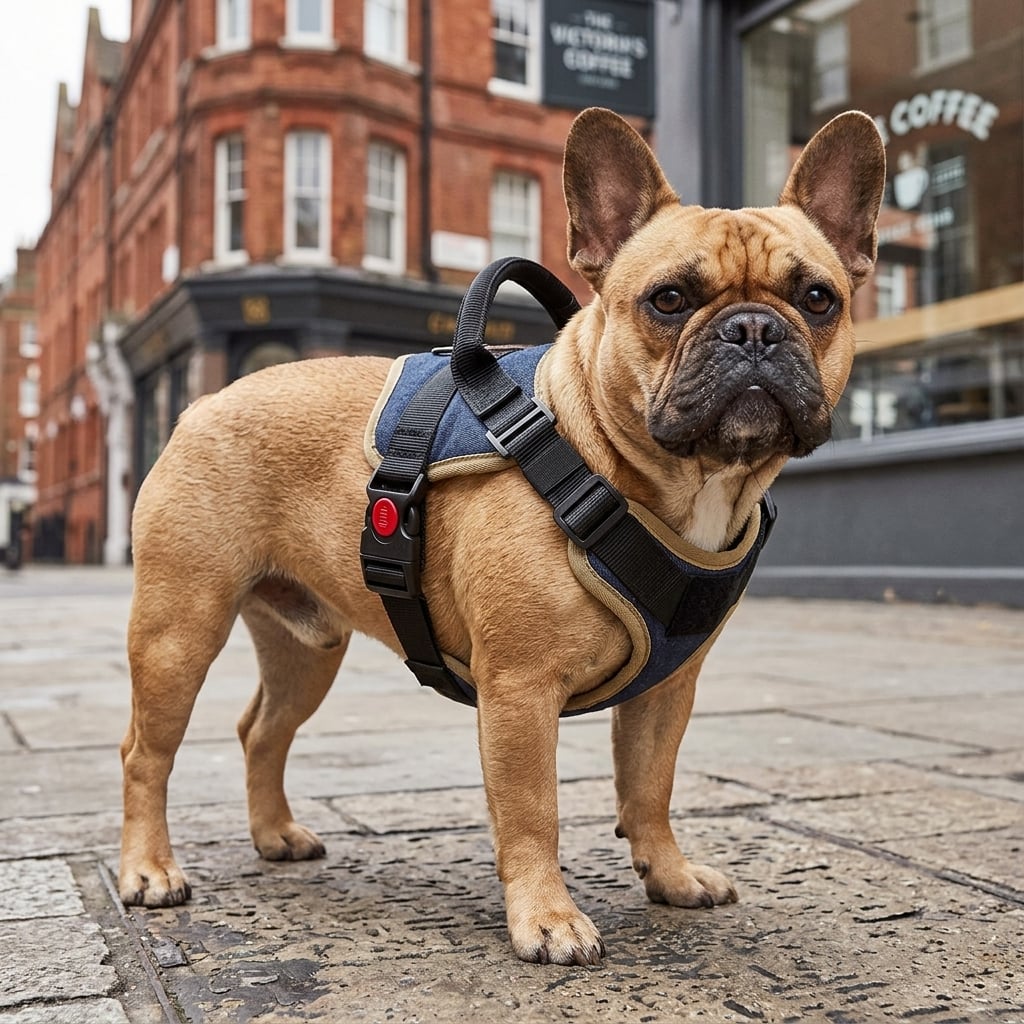 French bulldog wearing the PawFit escape-proof harness on a London cobblestone street