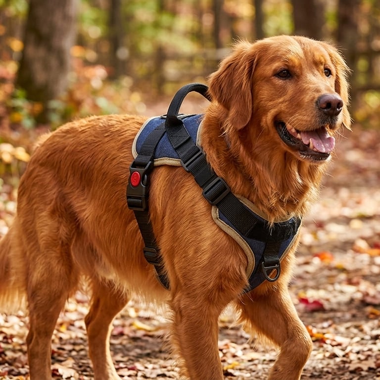 Golden retriever wearing the PawFit escape-proof harness on a sunlit UK autumn forest path